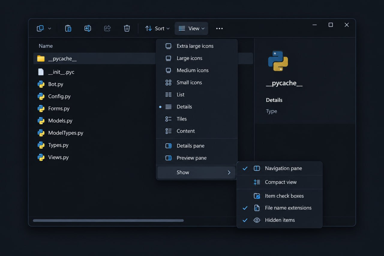 1-8 — File Explorer with extensions and hidden items both enabled